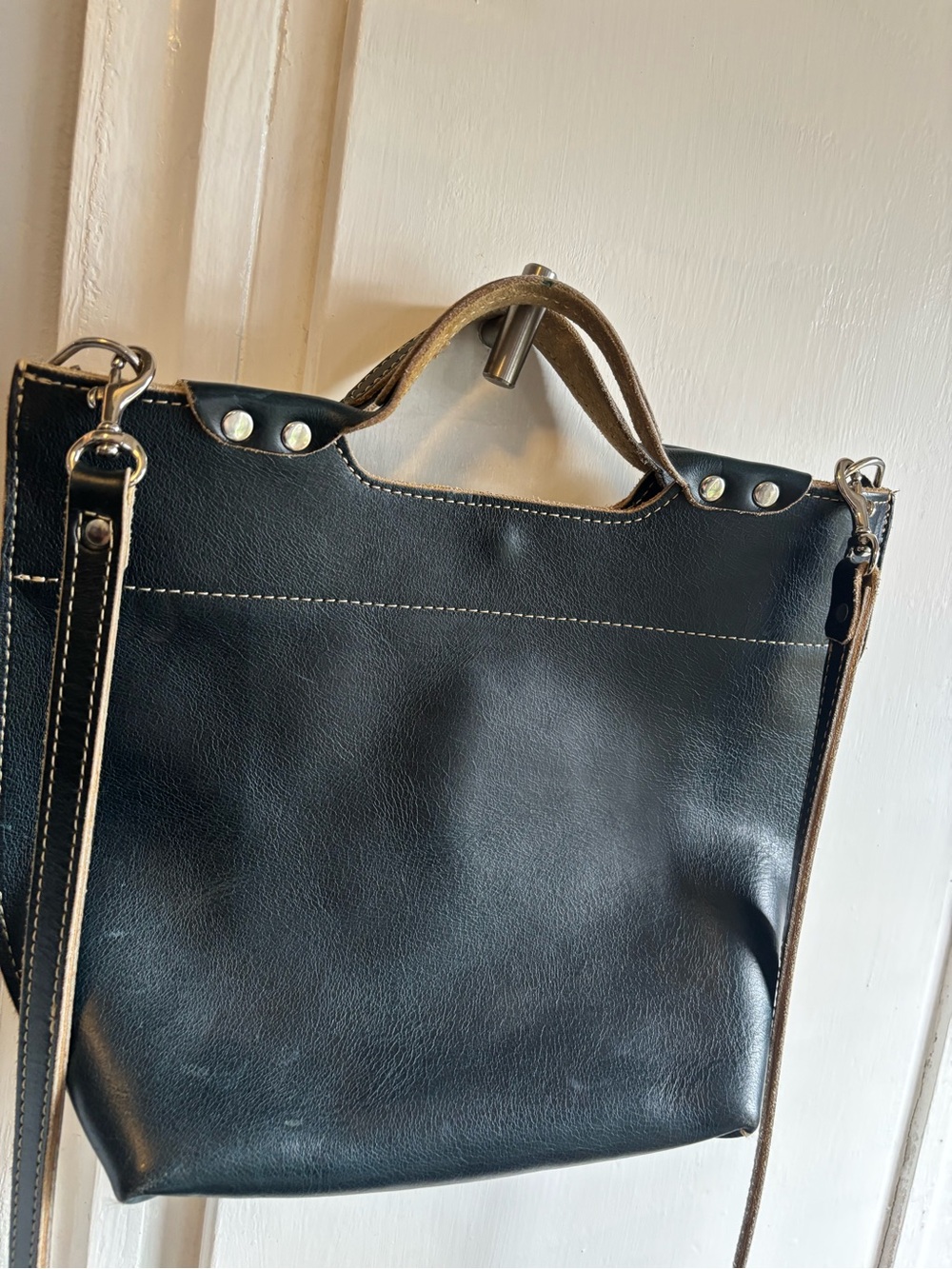 Black Leather Tote with Contrast Stitching - Picture 3 of 5